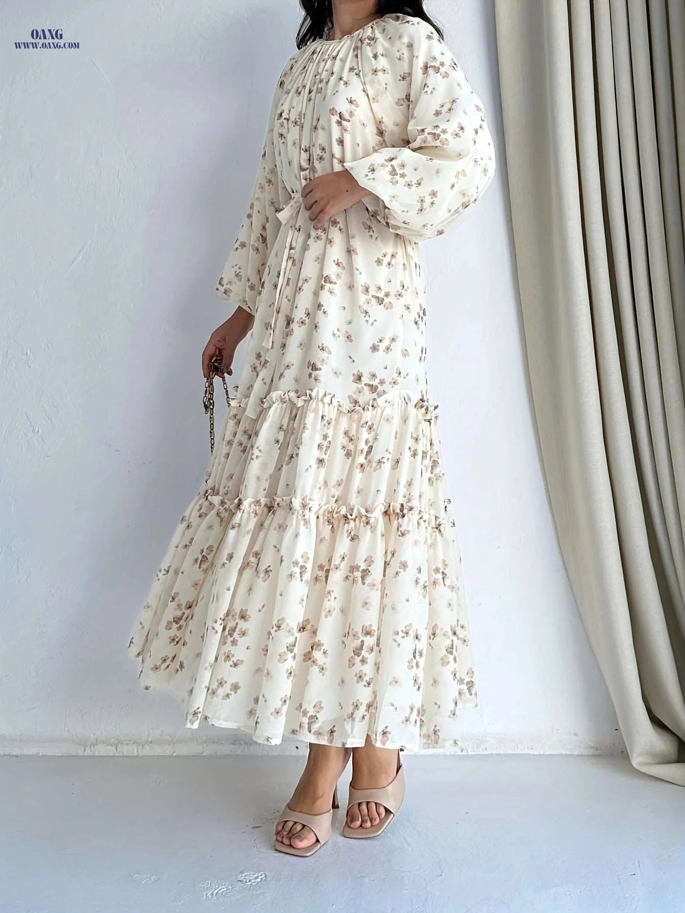 Elegant Long Dress with Middle Eastern Floral Print - Casual Style   OAXG Apricot / S