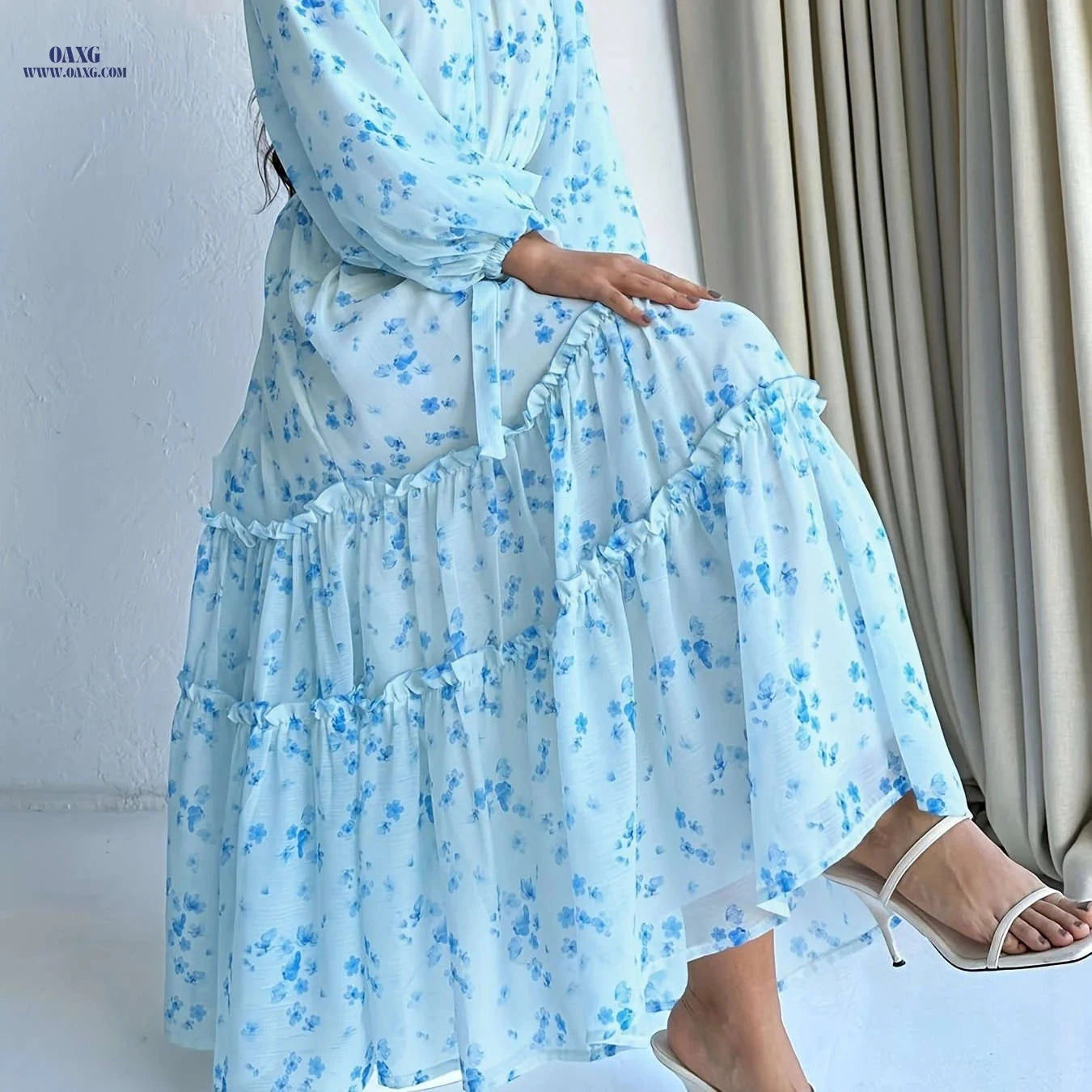 Elegant Long Dress with Middle Eastern Floral Print - Casual Style   OAXG Apricot / S