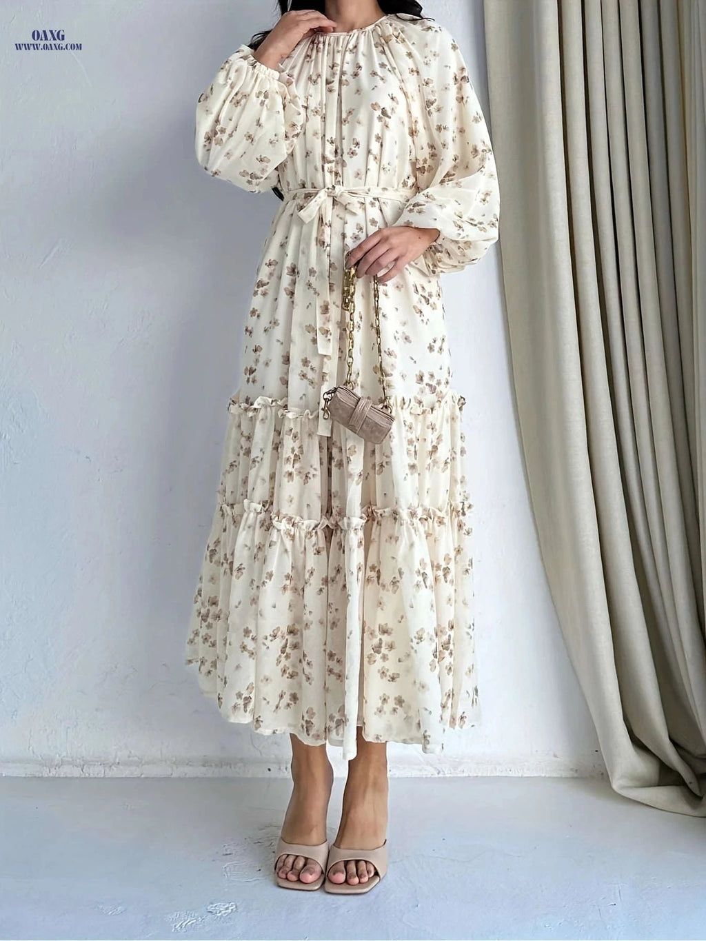 Elegant Long Dress with Middle Eastern Floral Print - Casual Style   OAXG 