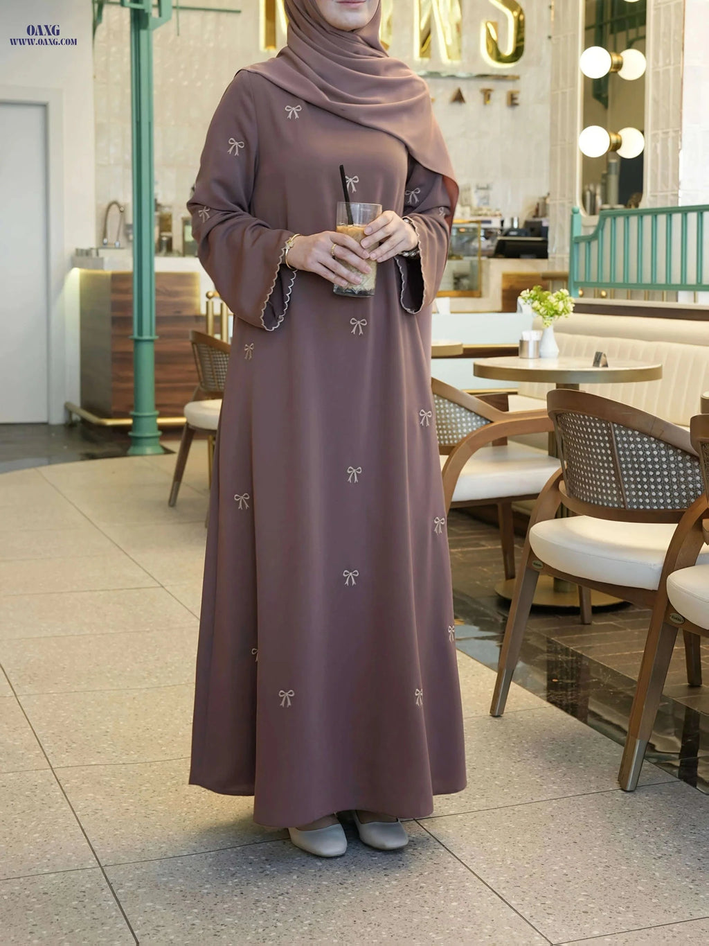 Elegant Long Ramadan Dress with Bow Embroidery - Casual Abaya   OAXG 
