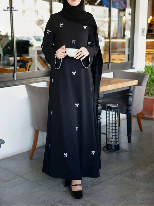Elegant Long Ramadan Dress with Bow Embroidery - Casual Abaya   OAXG 