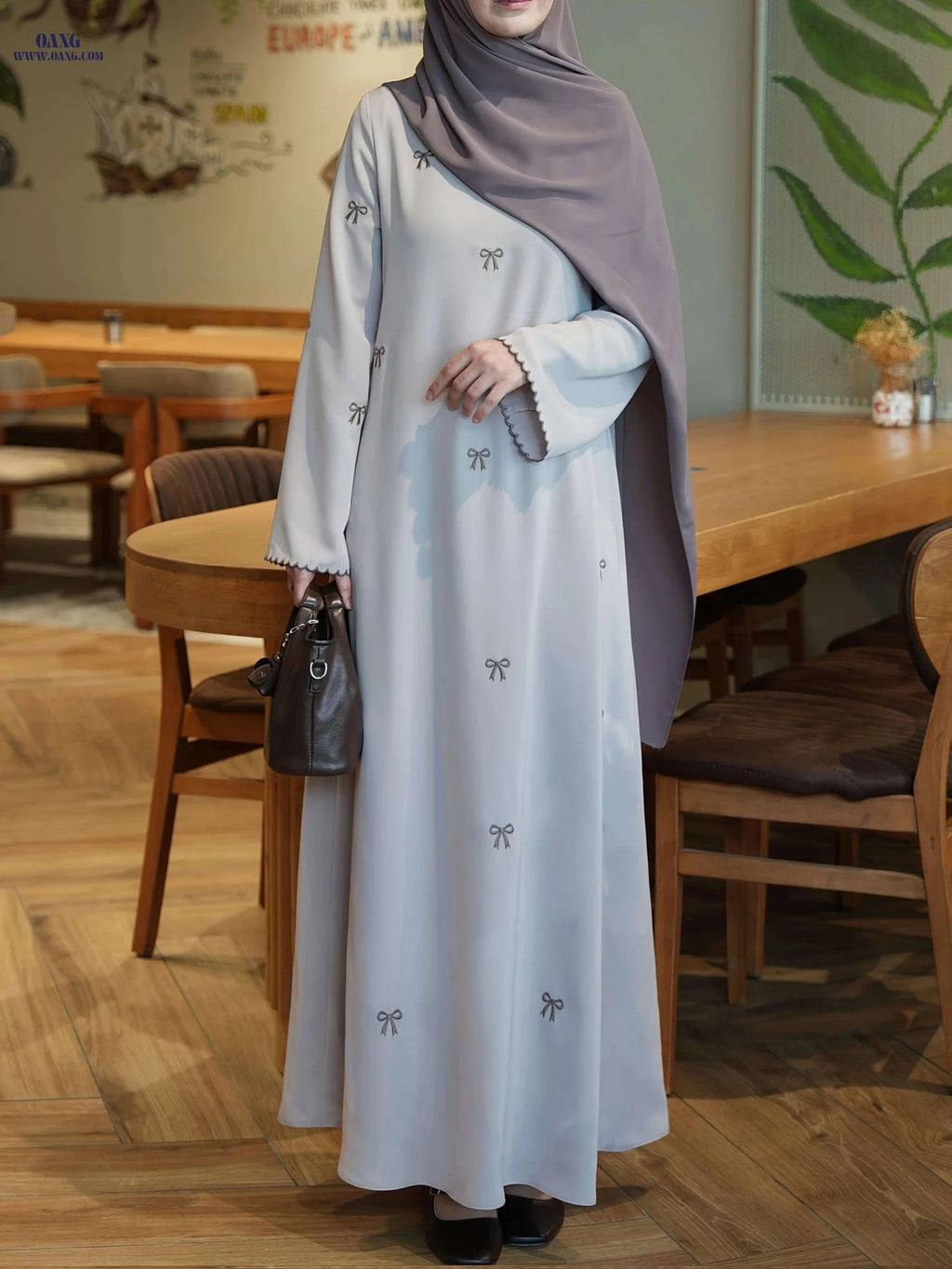 Elegant Long Ramadan Dress with Bow Embroidery - Casual Abaya   OAXG Black / S