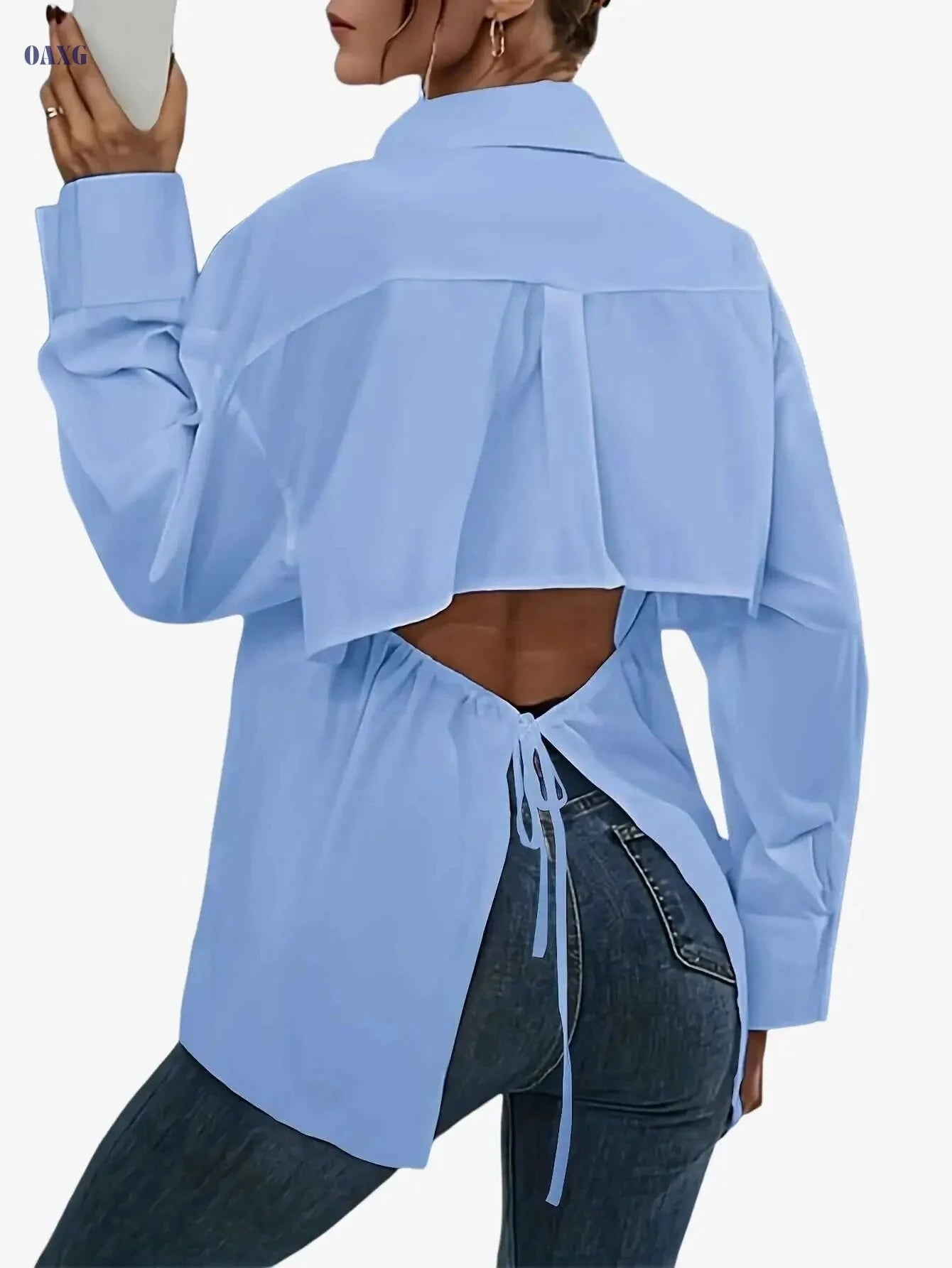 Elegant Long Sleeve Backless Tie-Back Shirt - Solid Color Polyester   OAXG 