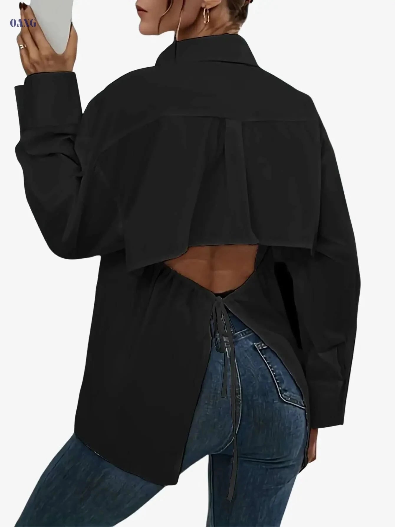 Elegant Long Sleeve Backless Tie-Back Shirt - Solid Color Polyester   OAXG 