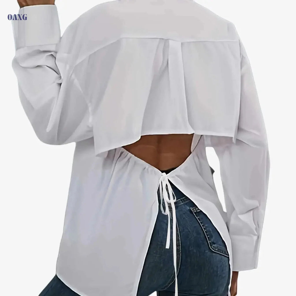 Elegant Long Sleeve Backless Tie-Back Shirt - Solid Color Polyester   OAXG White / S