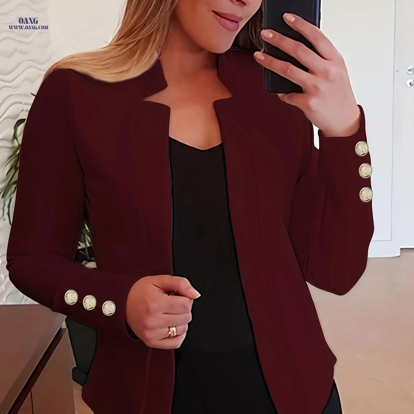 Elegant Long Sleeve Blazer - Solid Open Front for Office Wear   OAXG 
