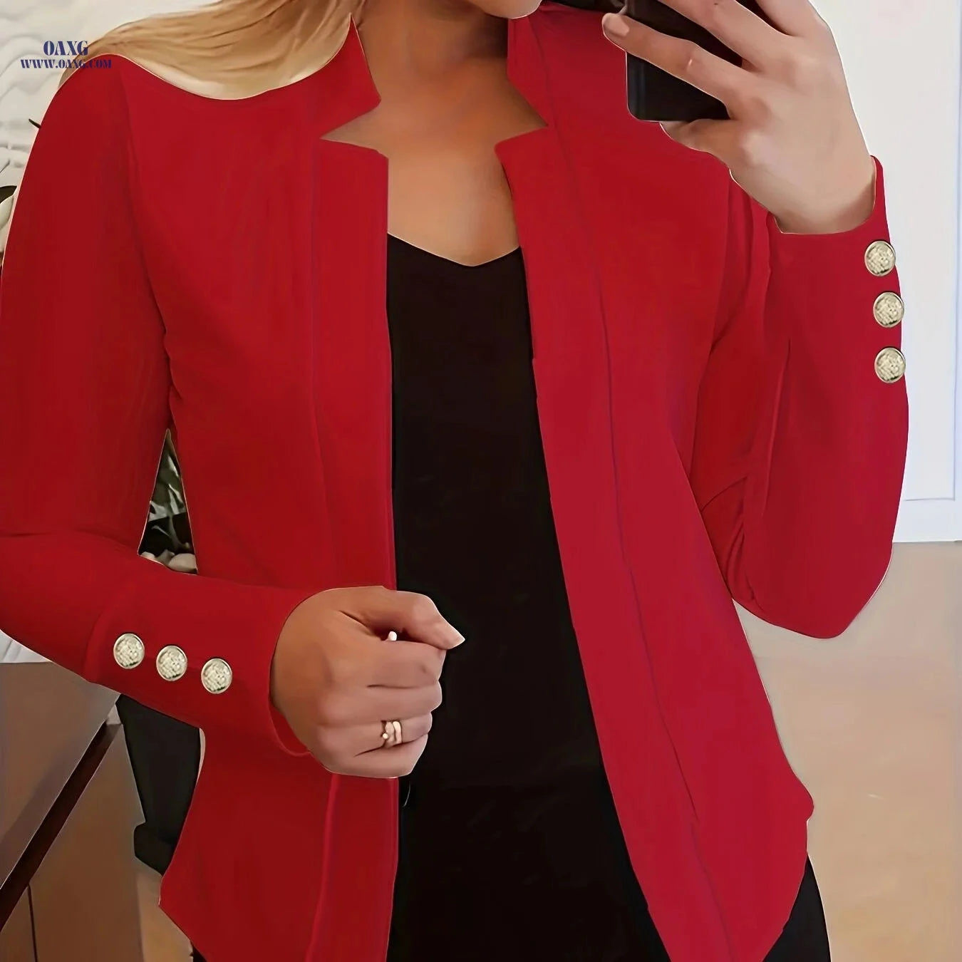 Elegant Long Sleeve Blazer - Solid Open Front for Office Wear   OAXG 