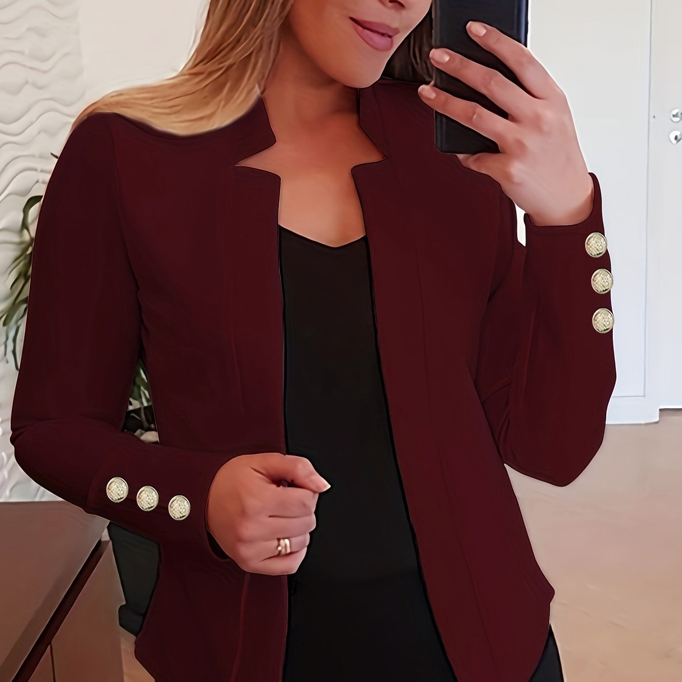 Elegant Long Sleeve Blazer - Solid Open Front for Office Wear   OAXG 