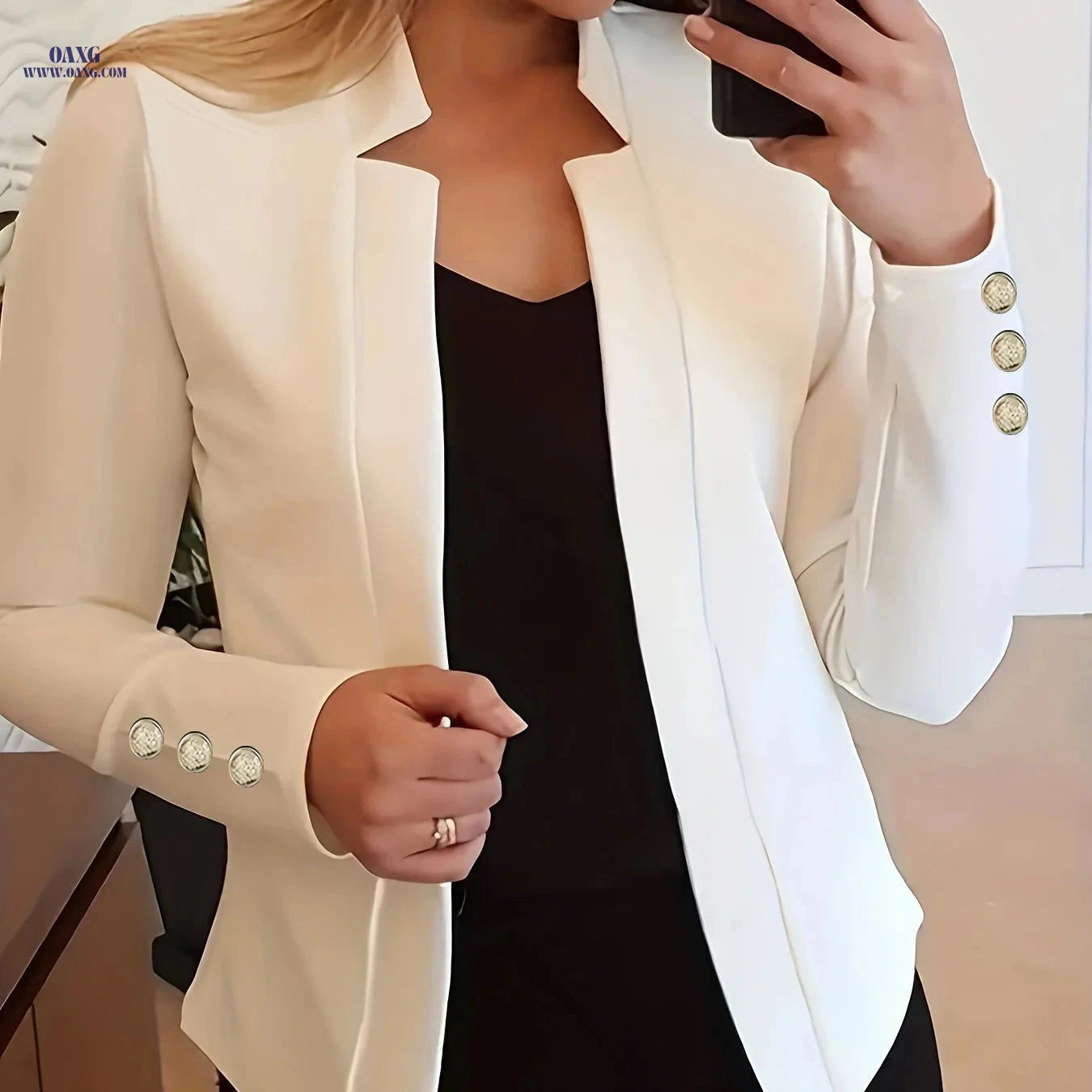 Elegant Long Sleeve Blazer - Solid Open Front for Office Wear   OAXG 