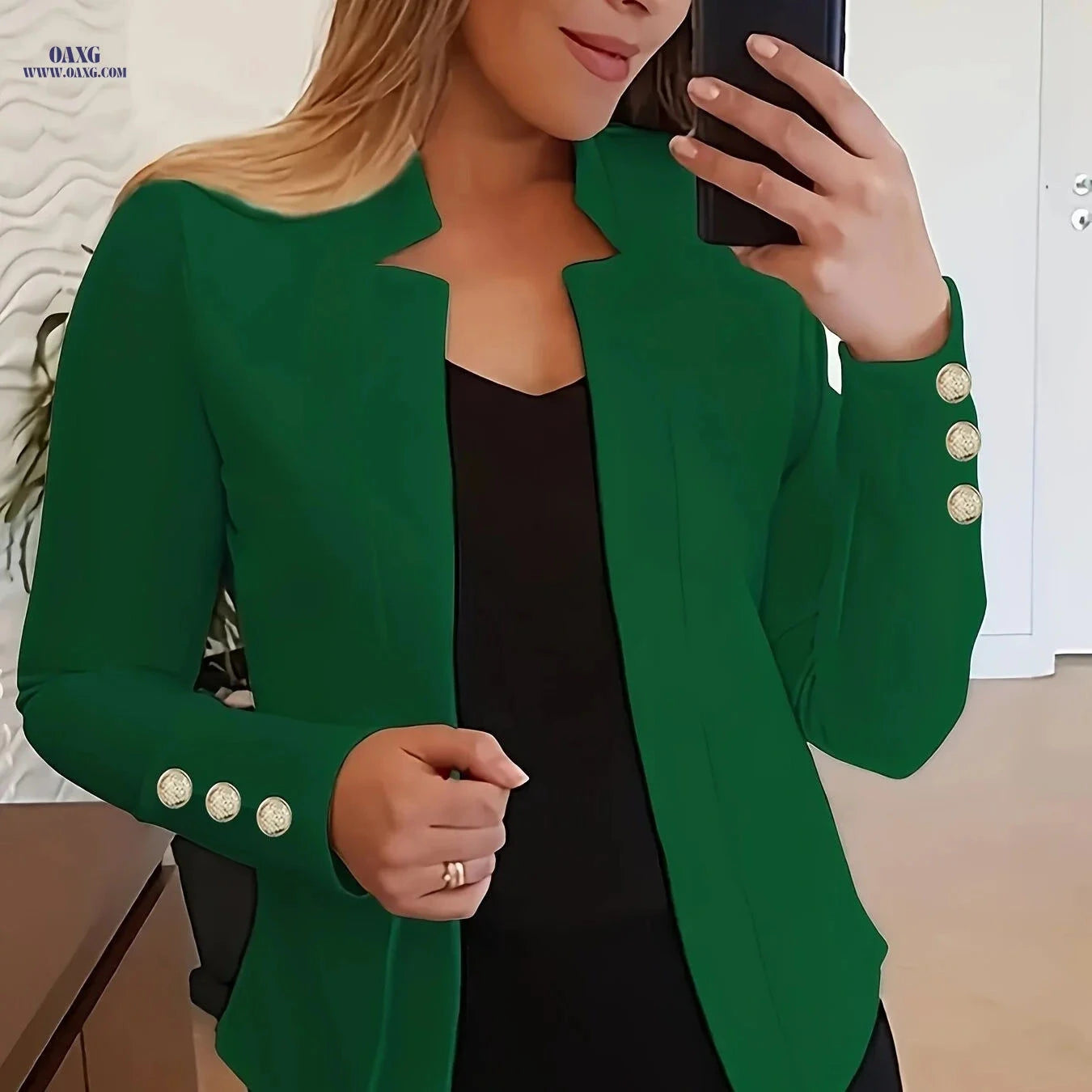 Elegant Long Sleeve Blazer - Solid Open Front for Office Wear   OAXG 