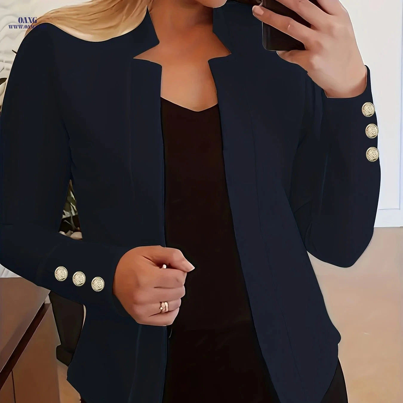 Elegant Long Sleeve Blazer - Solid Open Front for Office Wear   OAXG Black / S