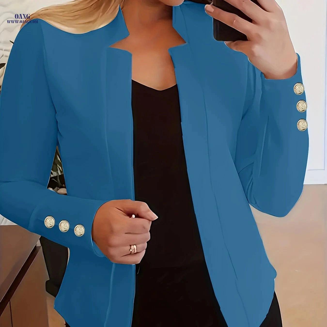 Elegant Long Sleeve Blazer - Solid Open Front for Office Wear   OAXG Black / S