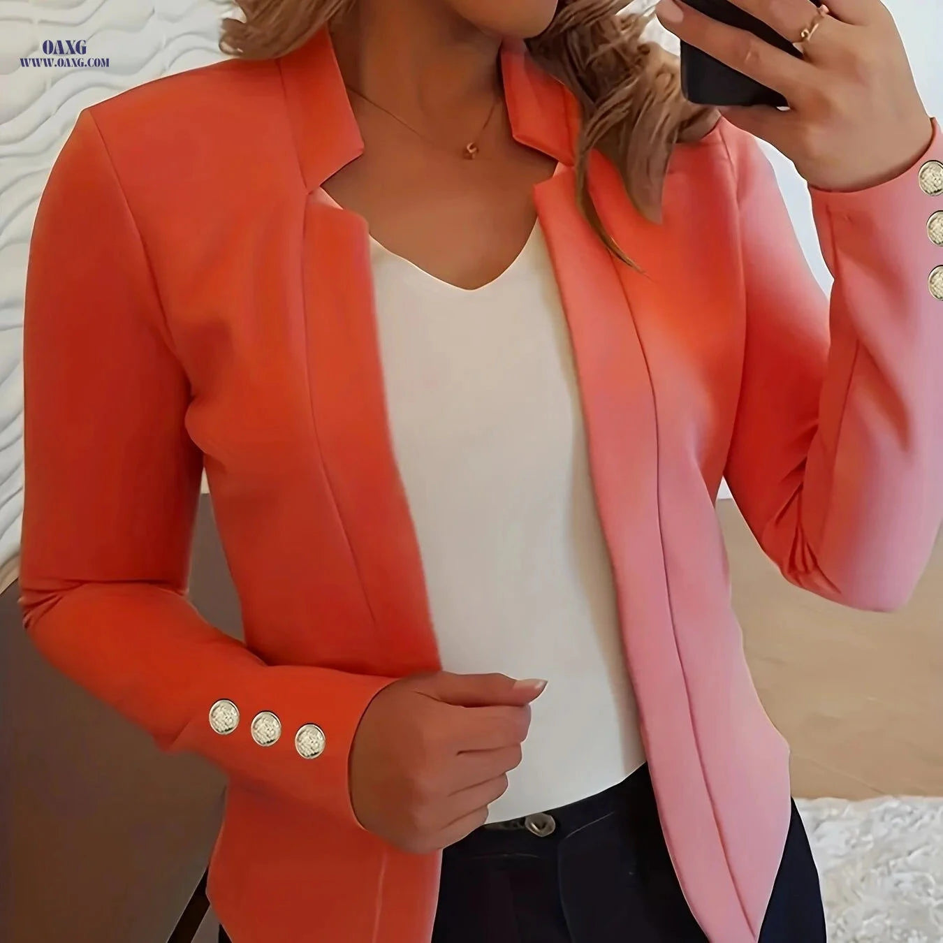 Elegant Long Sleeve Blazer - Solid Open Front for Office Wear   OAXG Black / S
