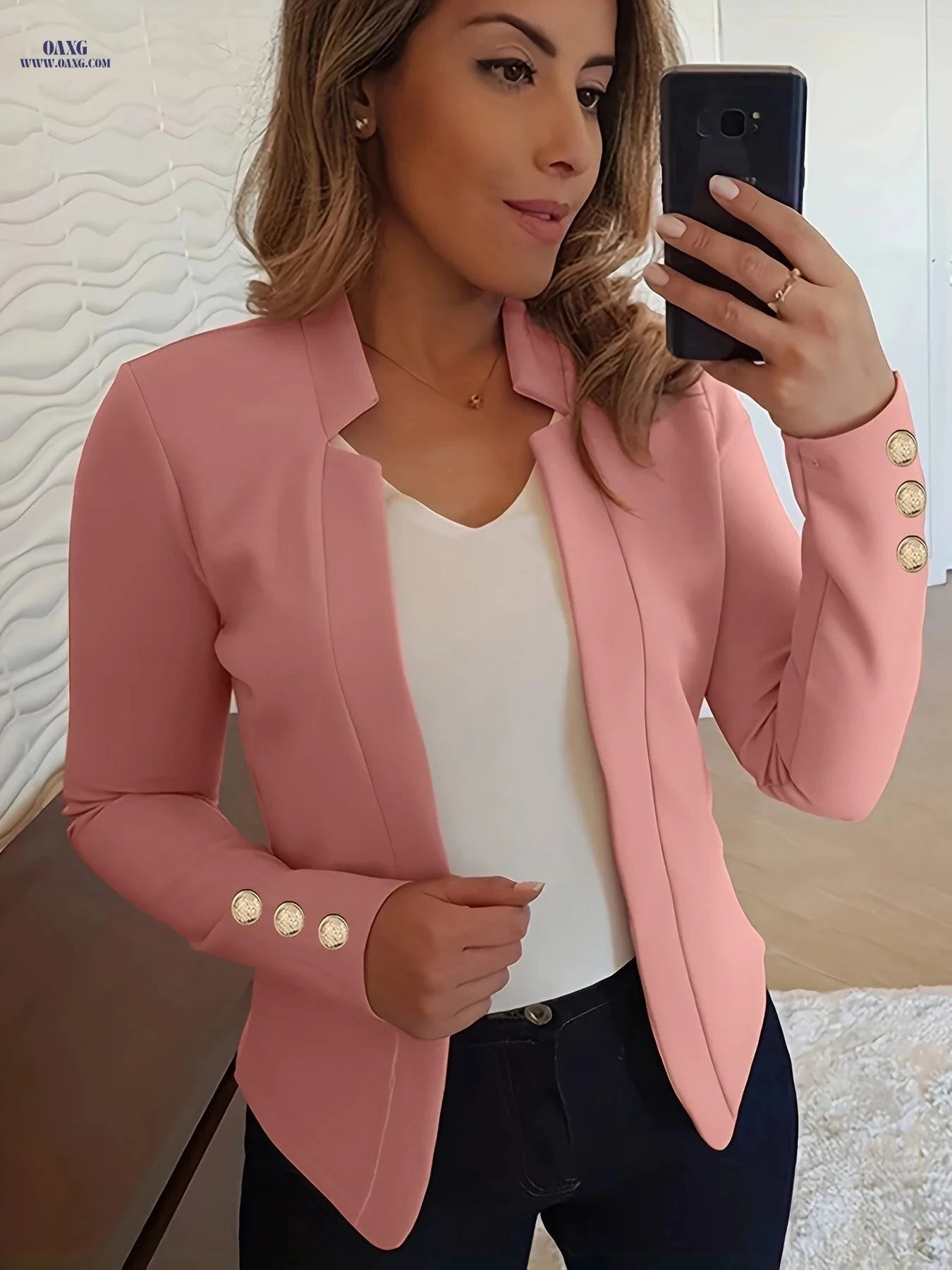 Elegant Long Sleeve Blazer - Solid Open Front for Office Wear   OAXG Black / S