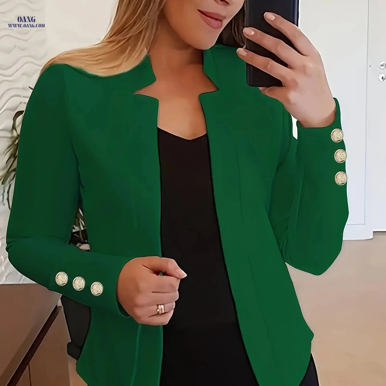 Elegant Long Sleeve Blazer - Solid Open Front for Office Wear   OAXG 