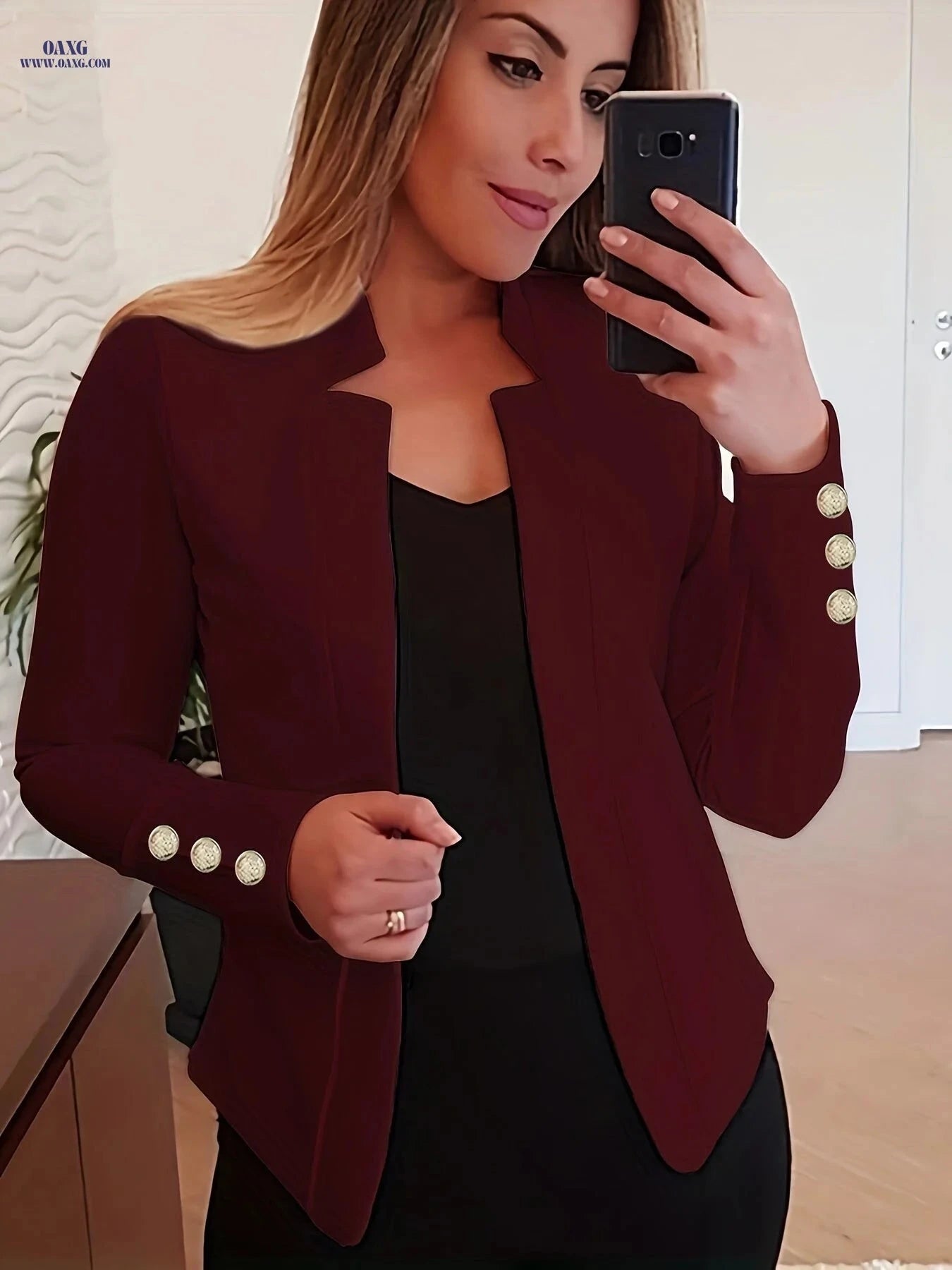 Elegant Long Sleeve Blazer - Solid Open Front for Office Wear   OAXG 