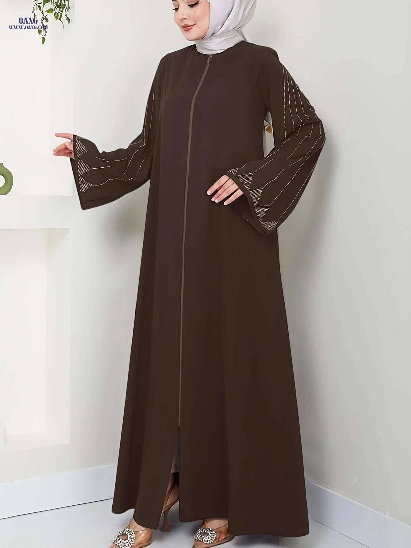 Elegant Long-Sleeve Brown Dress for Women - Rhinestone Accents Abaya   OAXG 