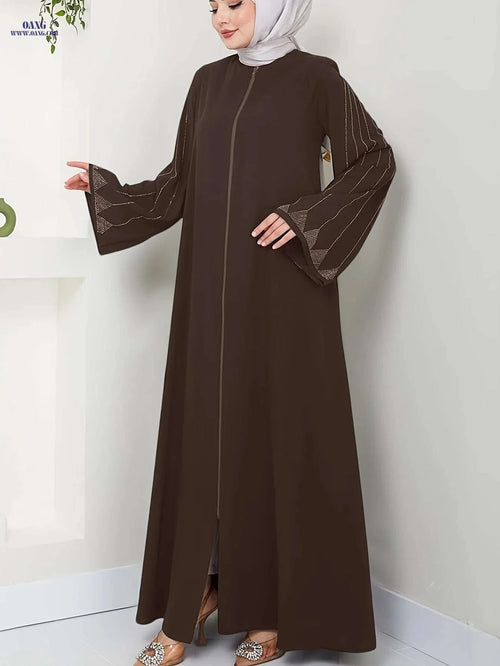 Elegant Long-Sleeve Brown Dress for Women - Rhinestone Accents Abaya   OAXG 