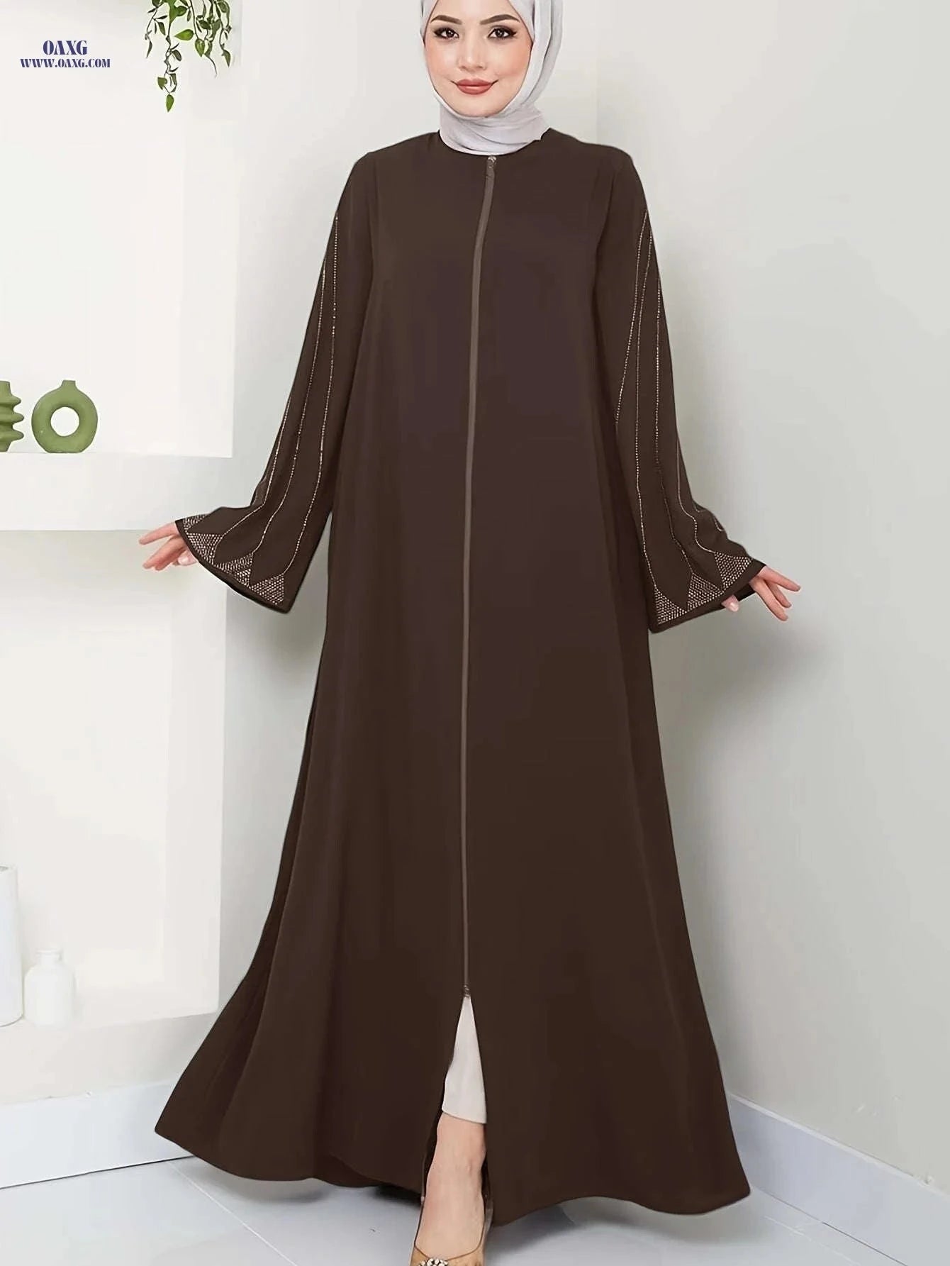 Elegant Long-Sleeve Brown Dress for Women - Rhinestone Accents Abaya   OAXG 