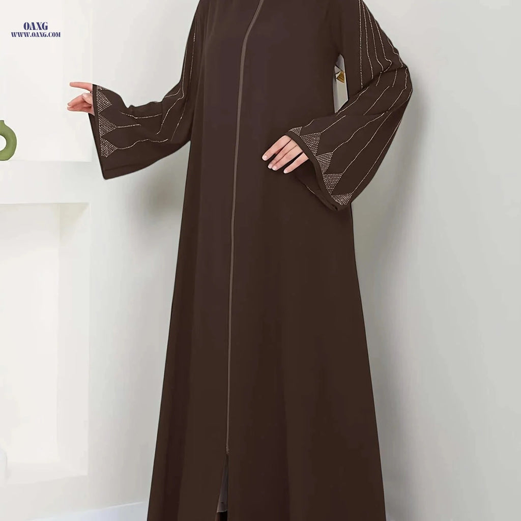 Elegant Long-Sleeve Brown Dress for Women - Rhinestone Accents Abaya   OAXG 