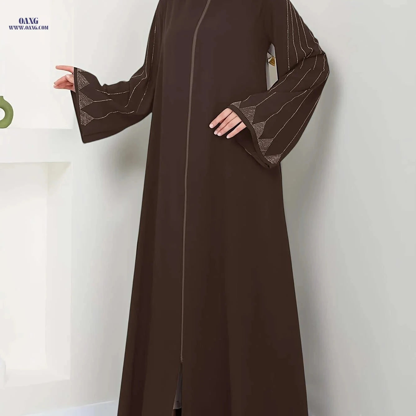 Elegant Long-Sleeve Brown Dress for Women - Rhinestone Accents Abaya   OAXG 