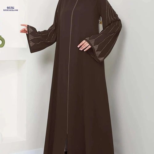 Elegant Long-Sleeve Brown Dress for Women - Rhinestone Accents Abaya   OAXG 