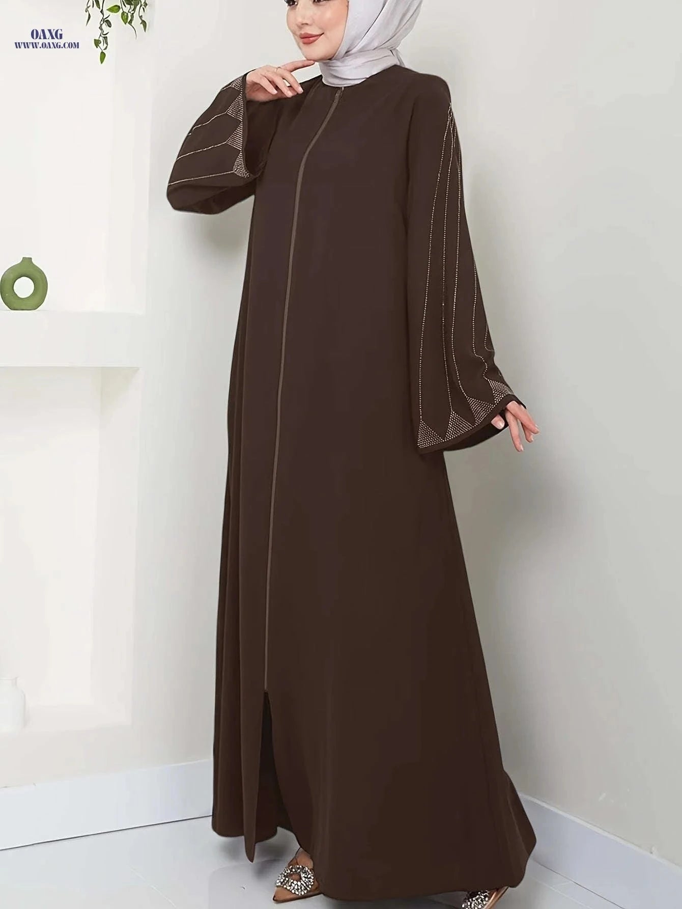 Elegant Long-Sleeve Brown Dress for Women - Rhinestone Accents Abaya   OAXG Coffee Brown / S