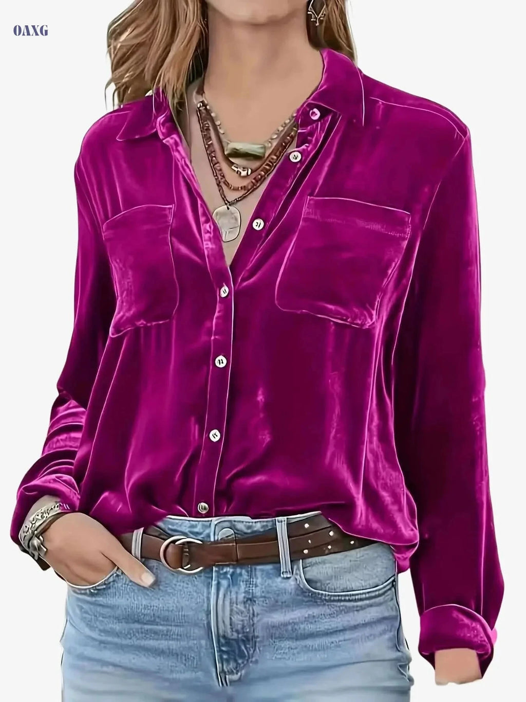 Elegant Long Sleeve Button-Up Blouse - Stylish Stand Collar Top   OAXG 