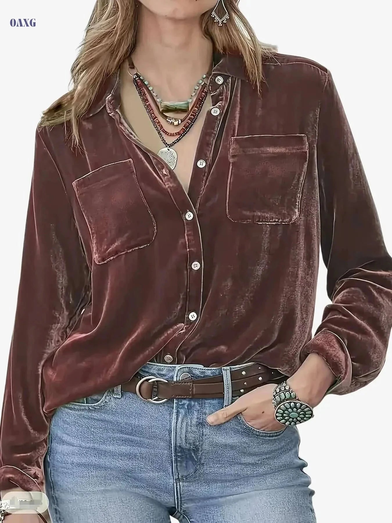 Elegant Long Sleeve Button-Up Blouse - Stylish Stand Collar Top   OAXG 