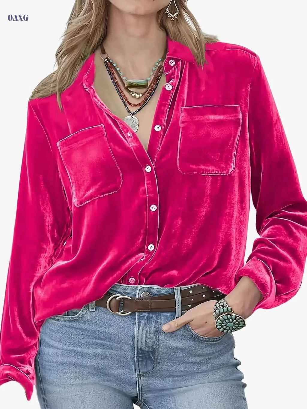 Elegant Long Sleeve Button-Up Blouse - Stylish Stand Collar Top   OAXG 