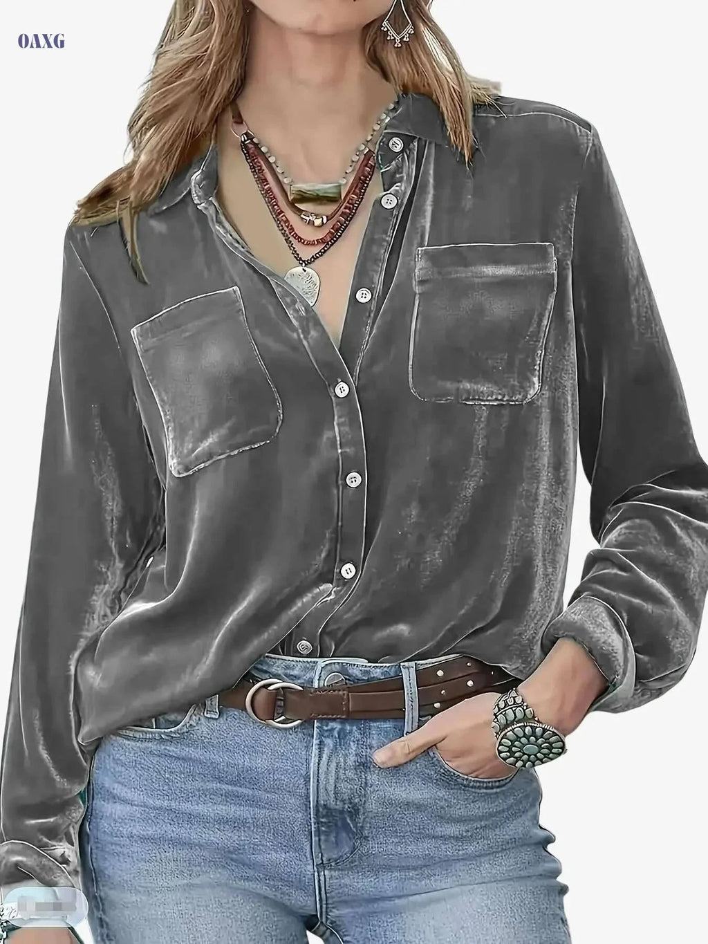 Elegant Long Sleeve Button-Up Blouse - Stylish Stand Collar Top   OAXG 