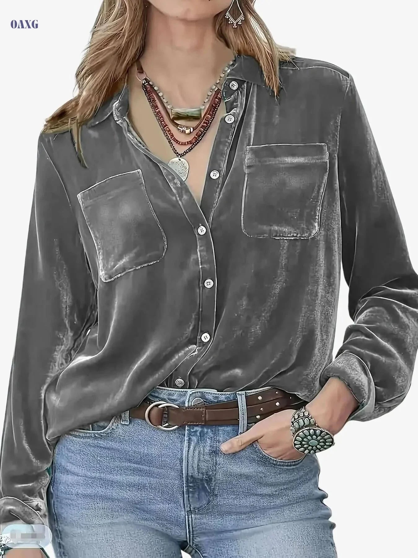 Elegant Long Sleeve Button-Up Blouse - Stylish Stand Collar Top   OAXG 