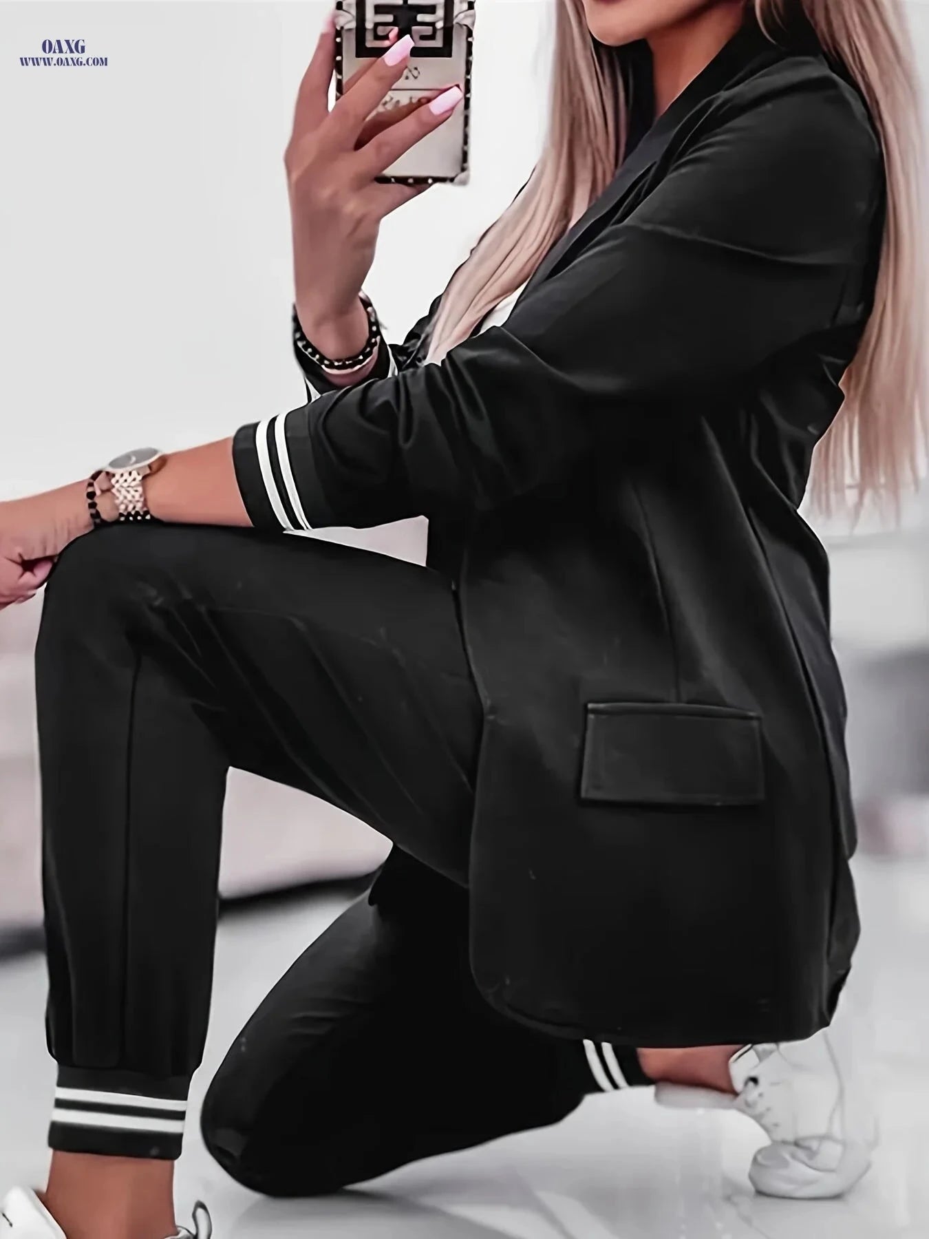 Elegant Long Sleeve Casual Outfit - 95% Polyester for Spring/Fall   OAXG Black / S