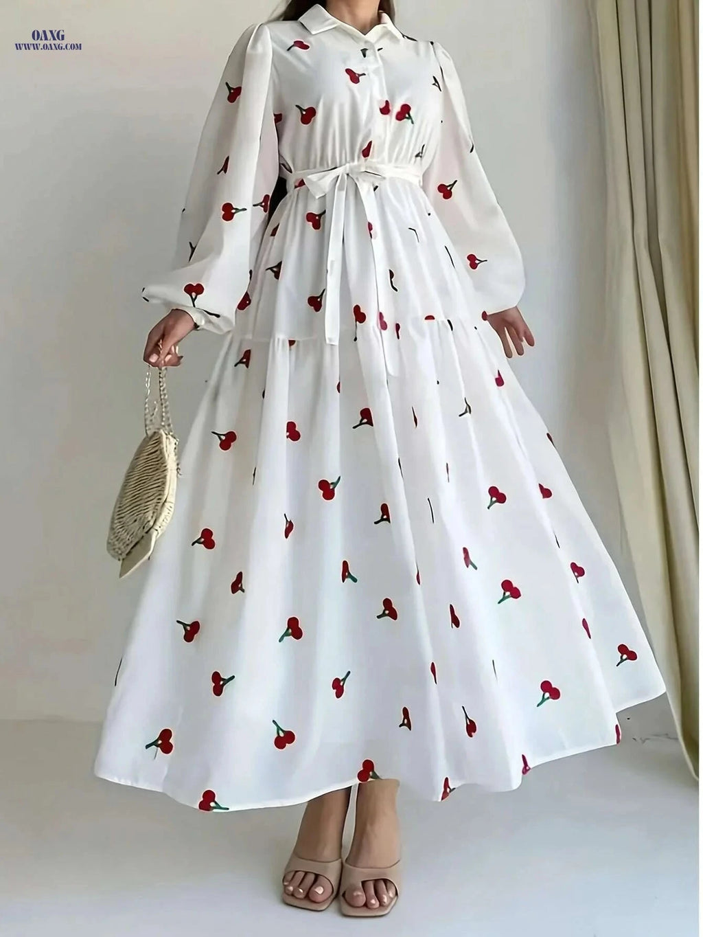 Elegant Long Sleeve Printed Dress - All-Season Women's Fashion   OAXG 