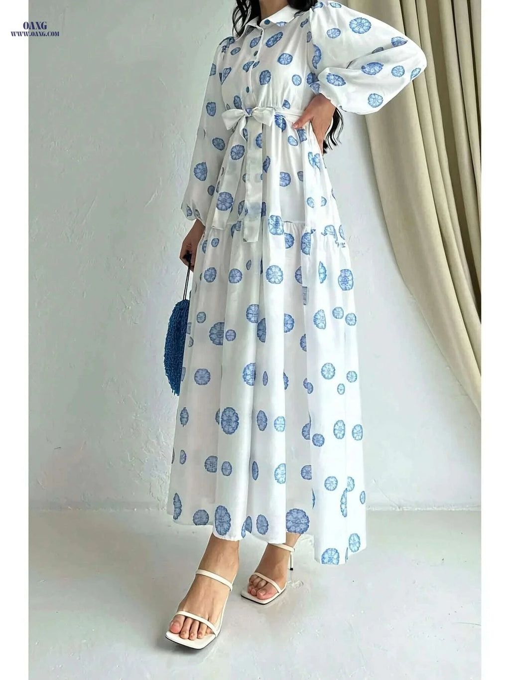 Elegant Long Sleeve Printed Dress - All-Season Women's Fashion   OAXG Blue / XS