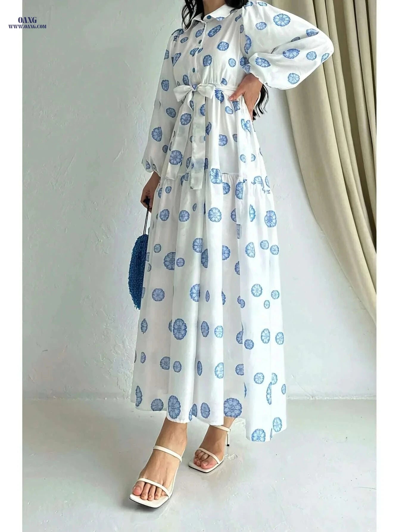 Elegant Long Sleeve Printed Dress - All-Season Women's Fashion   OAXG Blue / XS