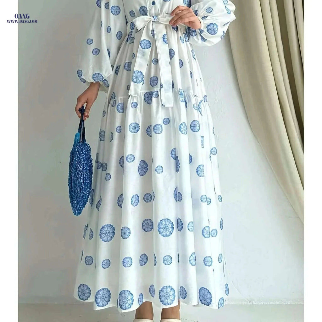 Elegant Long Sleeve Printed Dress - All-Season Women's Fashion   OAXG 