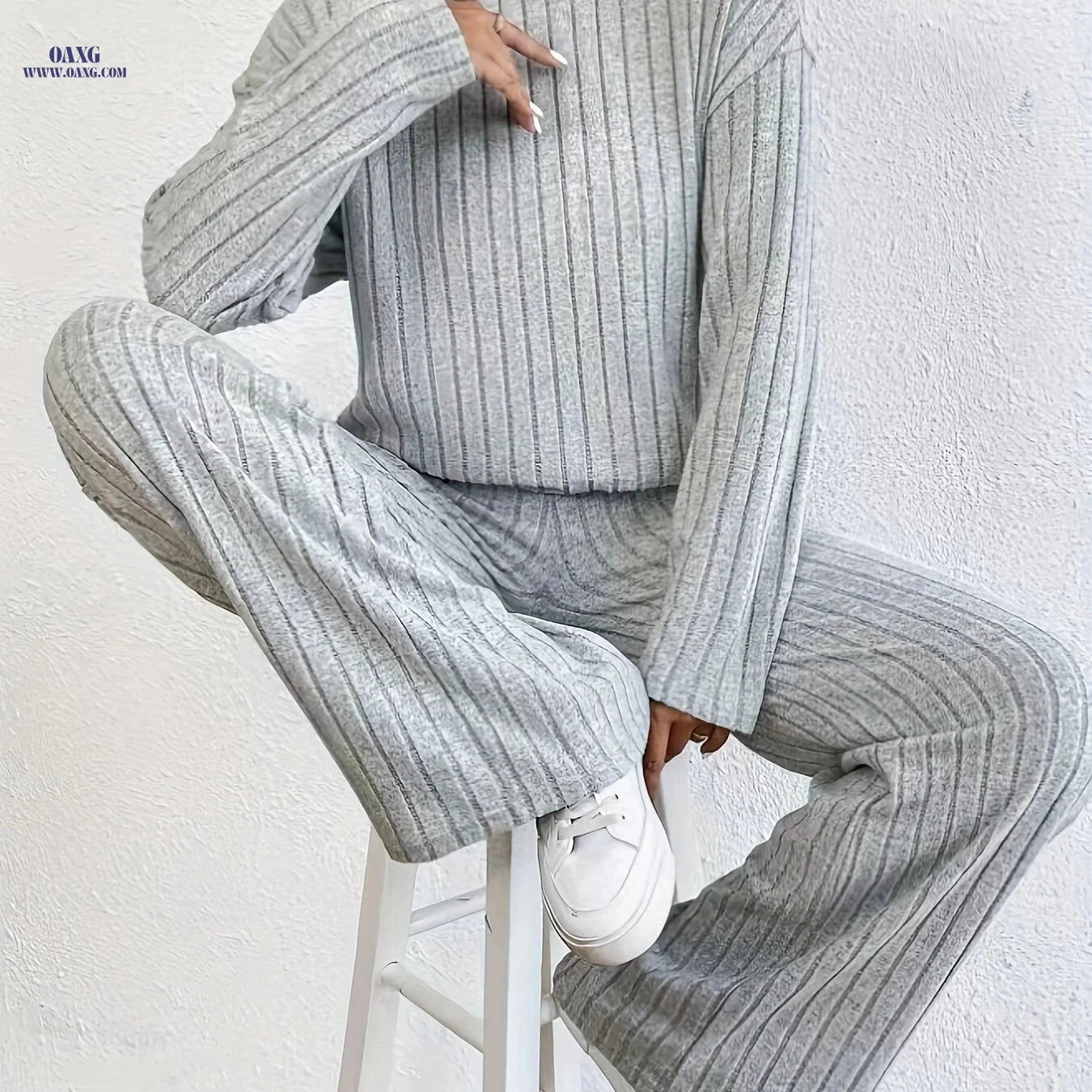 Elegant Long Sleeve Wide Leg Pant Set - Fall/Winter Fashion   OAXG Grey / S