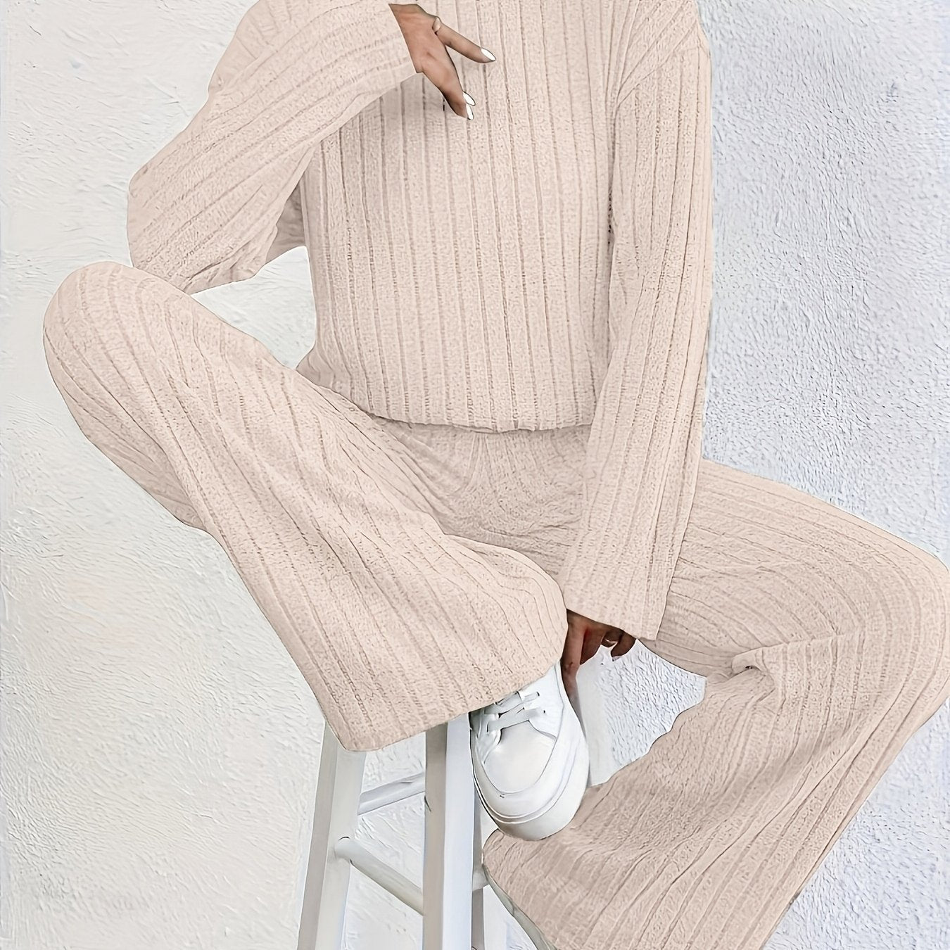 Elegant Long Sleeve Wide Leg Pant Set - Fall/Winter Fashion   OAXG Grey / S