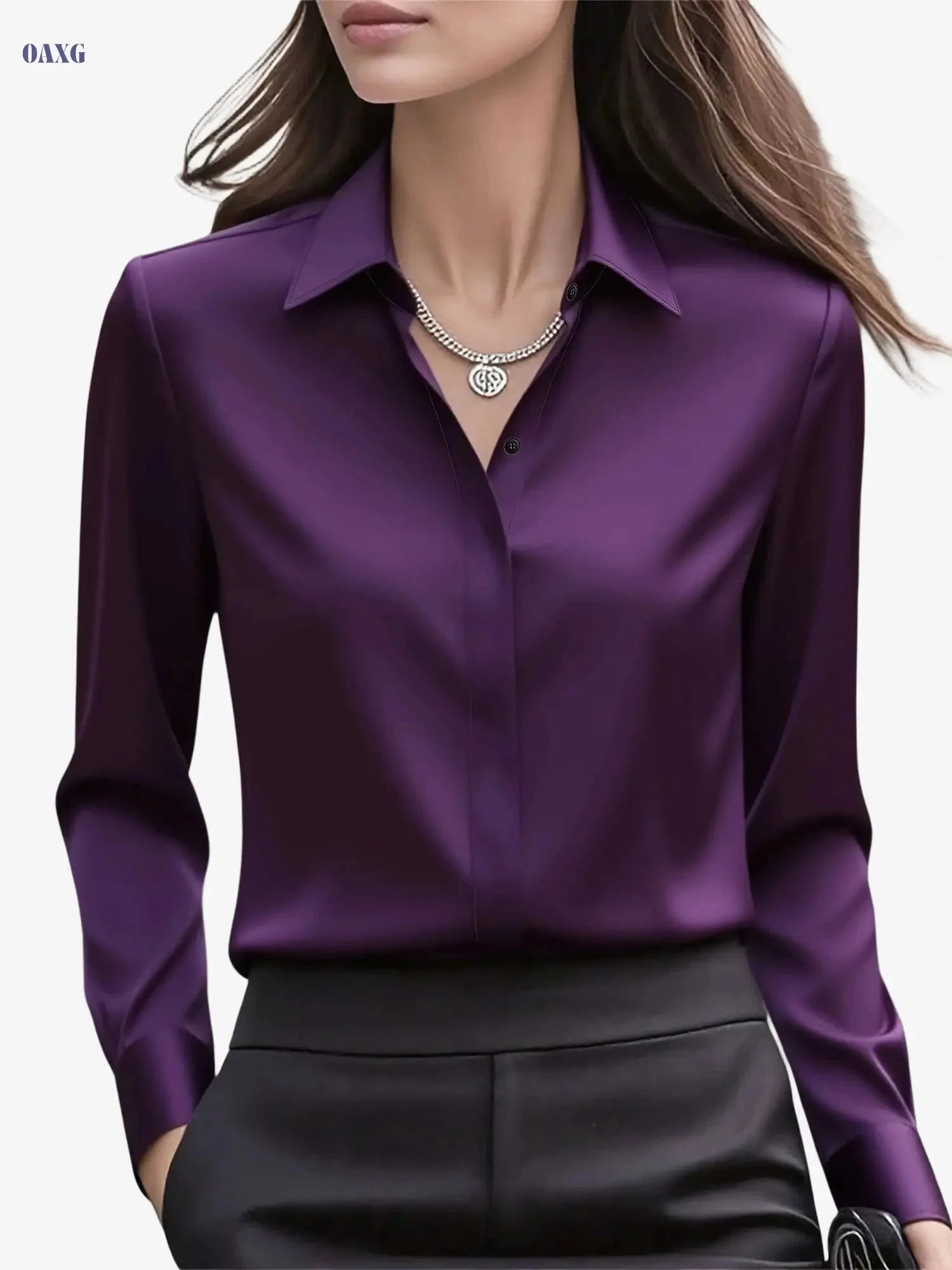 Elegant Long Sleeve Women's Shirt - Hidden Button Placket Fashion   OAXG Navy Blue / XS