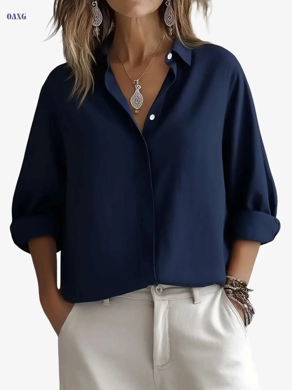 Elegant Long Sleeve Women's Shirt - Hidden Button Placket Fashion   OAXG Navy Blue / XS