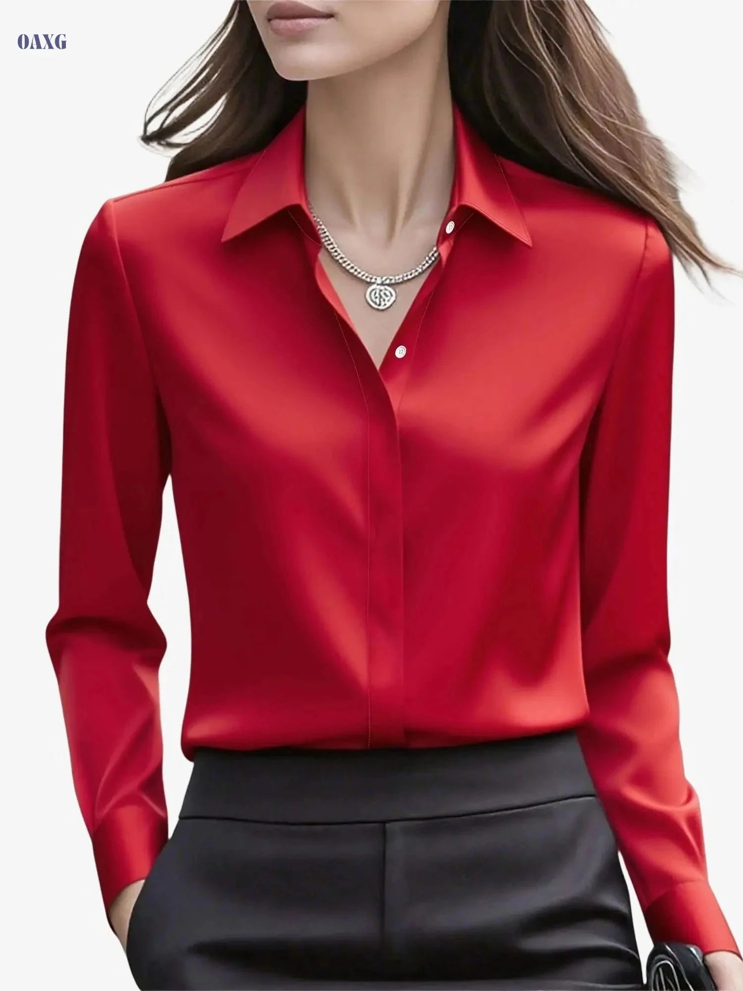 Elegant Long Sleeve Women's Shirt - Hidden Button Placket Fashion   OAXG Navy Blue / XS