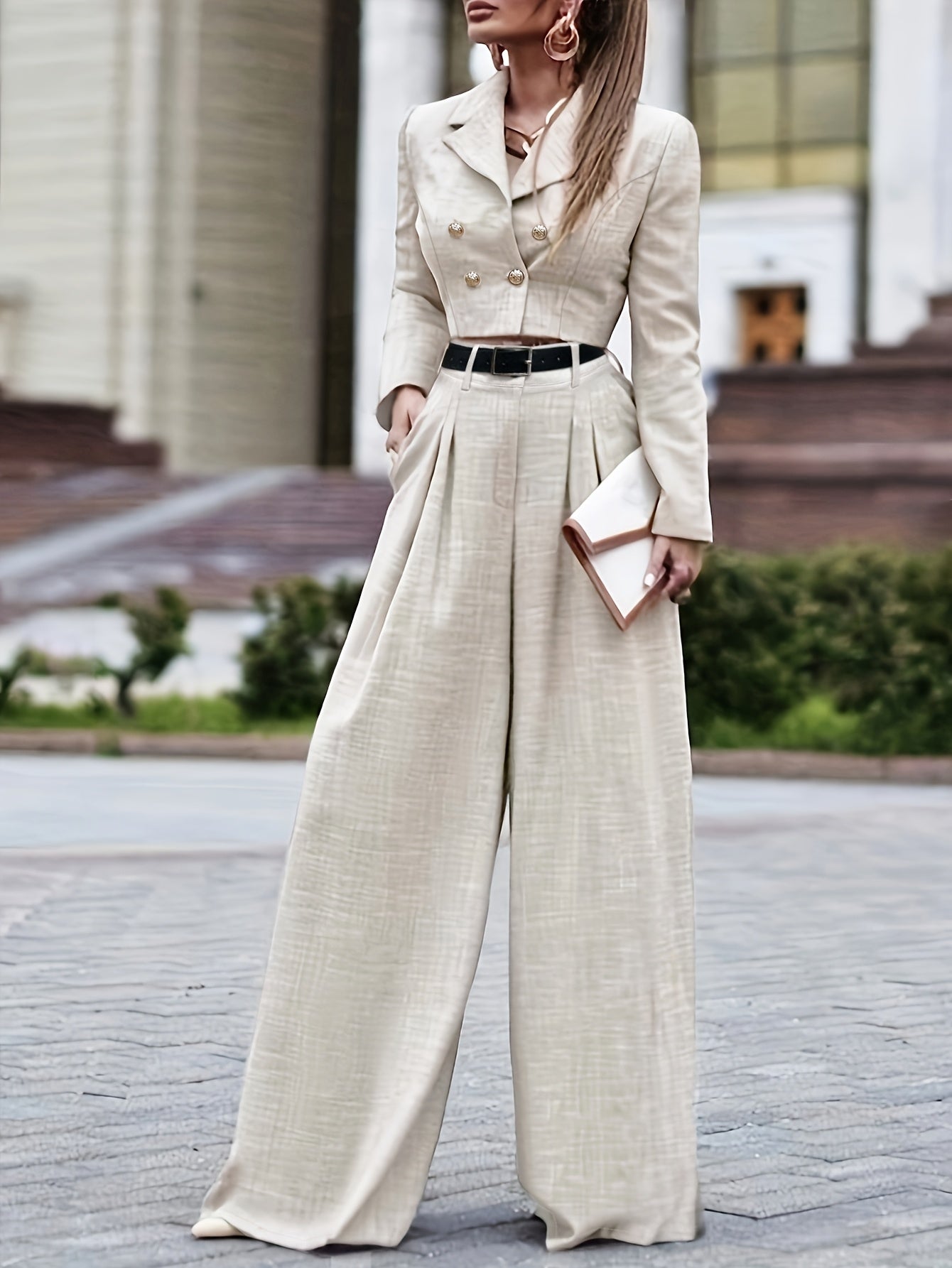 Elegant Long-Sleeved Top & Loose Pants Set - Level 1 Fashion   OAXG Apricot / S
