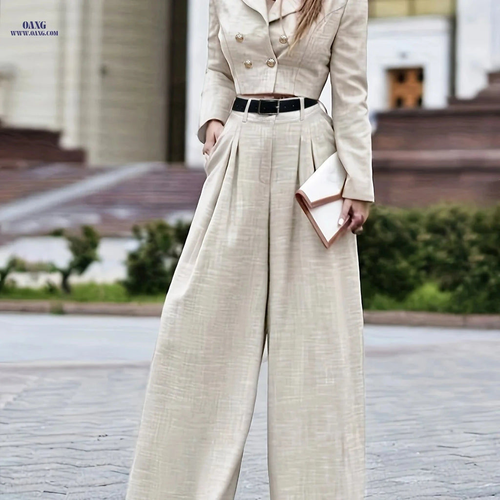 Elegant Long-Sleeved Top & Loose Pants Set - Level 1 Fashion   OAXG Apricot / S