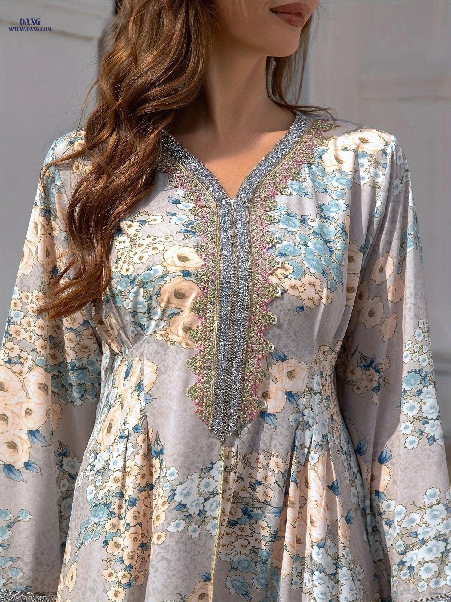 Elegant Loose Fit Long Sleeve Modest Dress - Rhinestone Accents   OAXG 