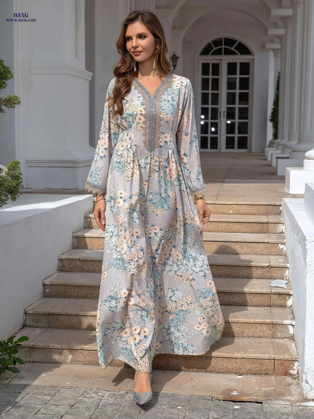 Elegant Loose Fit Long Sleeve Modest Dress - Rhinestone Accents   OAXG 【Multicolor】 / M