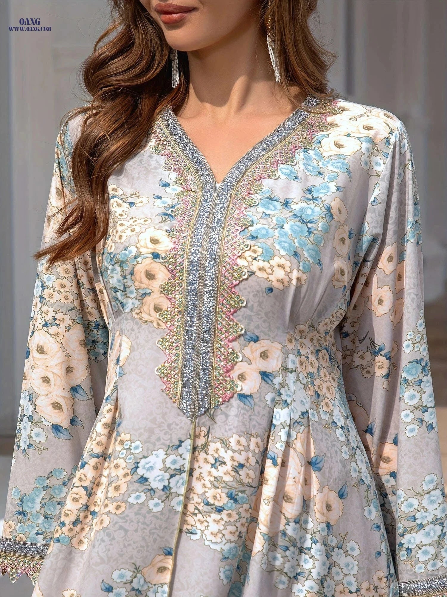 Elegant Loose Fit Long Sleeve Modest Dress - Rhinestone Accents   OAXG 【Multicolor】 / M