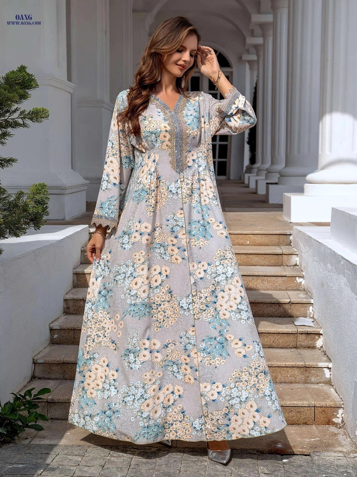 Elegant Loose Fit Long Sleeve Modest Dress - Rhinestone Accents   OAXG 【Multicolor】 / M