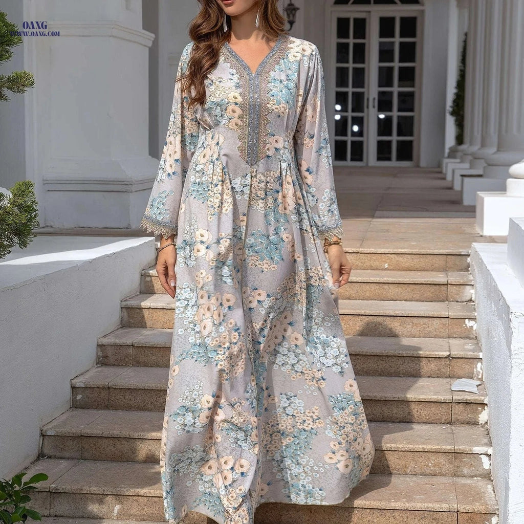 Elegant Loose Fit Long Sleeve Modest Dress - Rhinestone Accents   OAXG 【Multicolor】 / M
