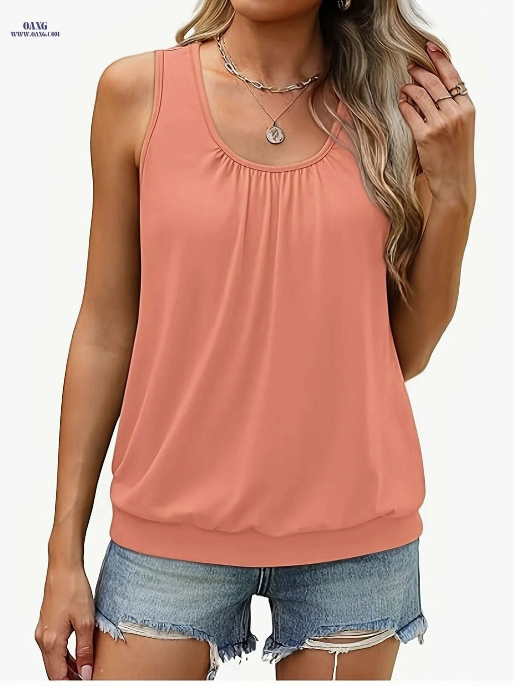 Elegant Loose Pleated Round Neck Top - Stylish Polyester Vest   OAXG Black / S